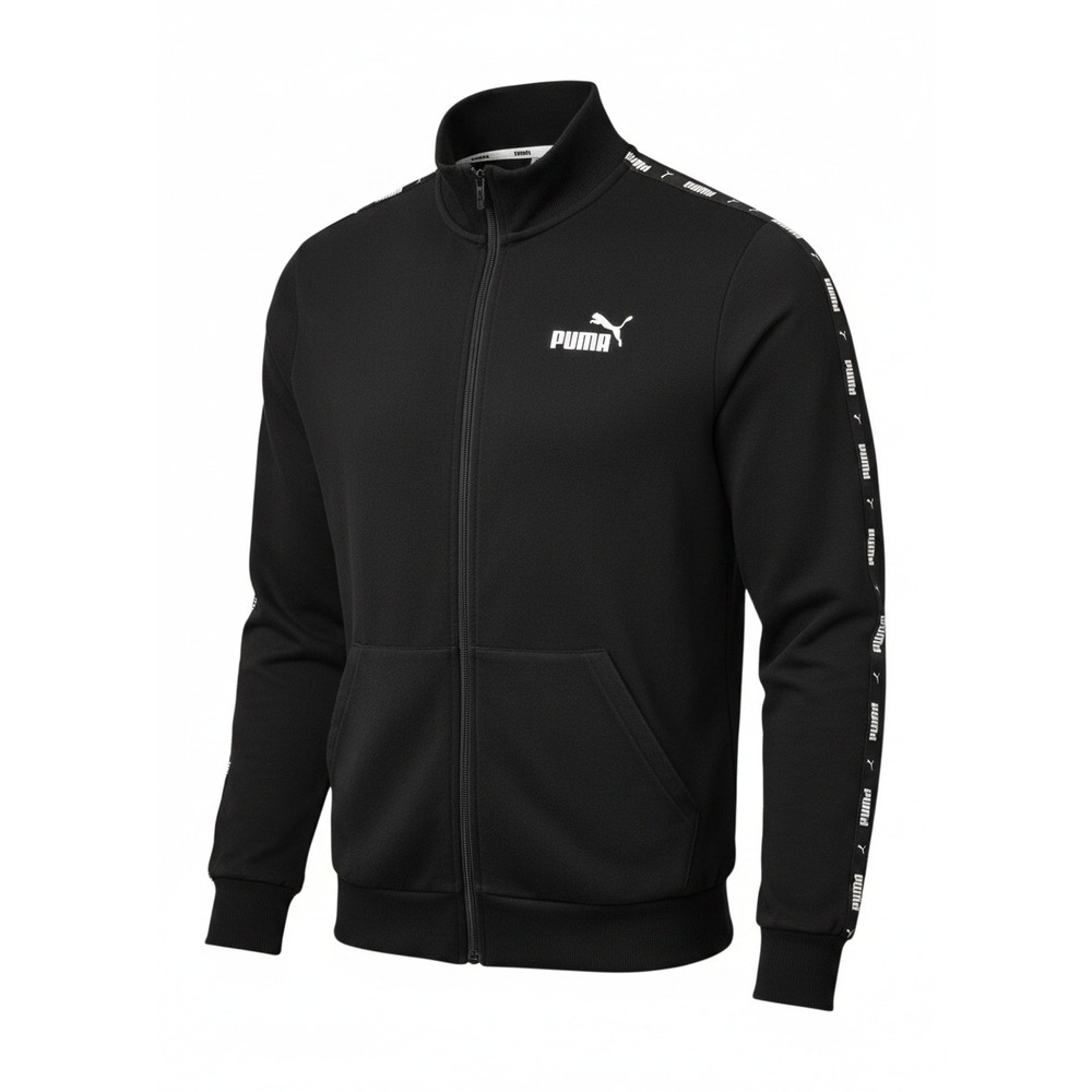 Puma Track Jacket Black Full Zip Ribbed Cuffs Logo Tape Sportswear Size Medium‎